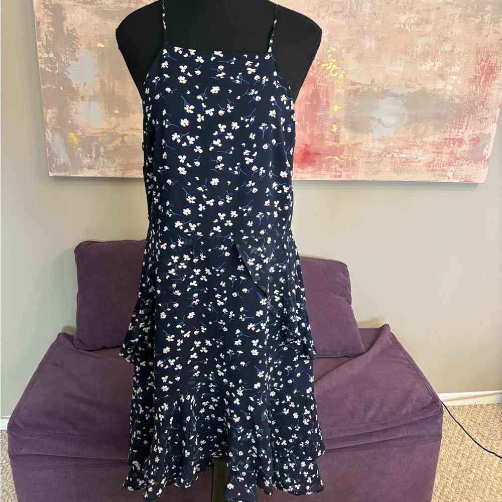 Banana Republic Navy Dress Floral Spaghetti Strap with Ruffle Skirt Size M